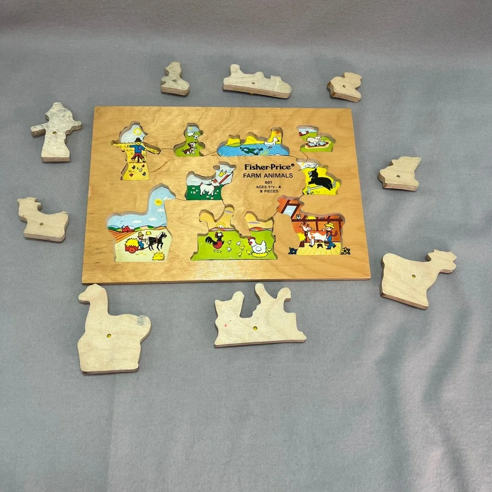 Fisher-Price Farm Animals Wood Peg Tray Puzzle #507 70s Vintage GenX Nostalgia
